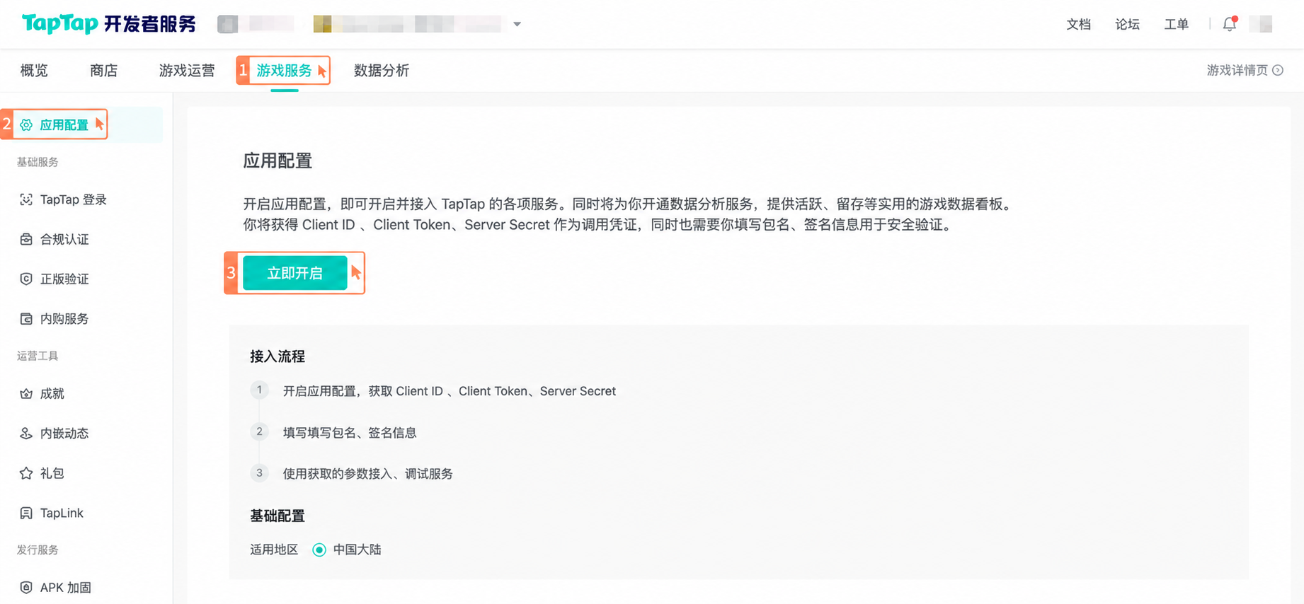 进入游戏服务并开启应用配置